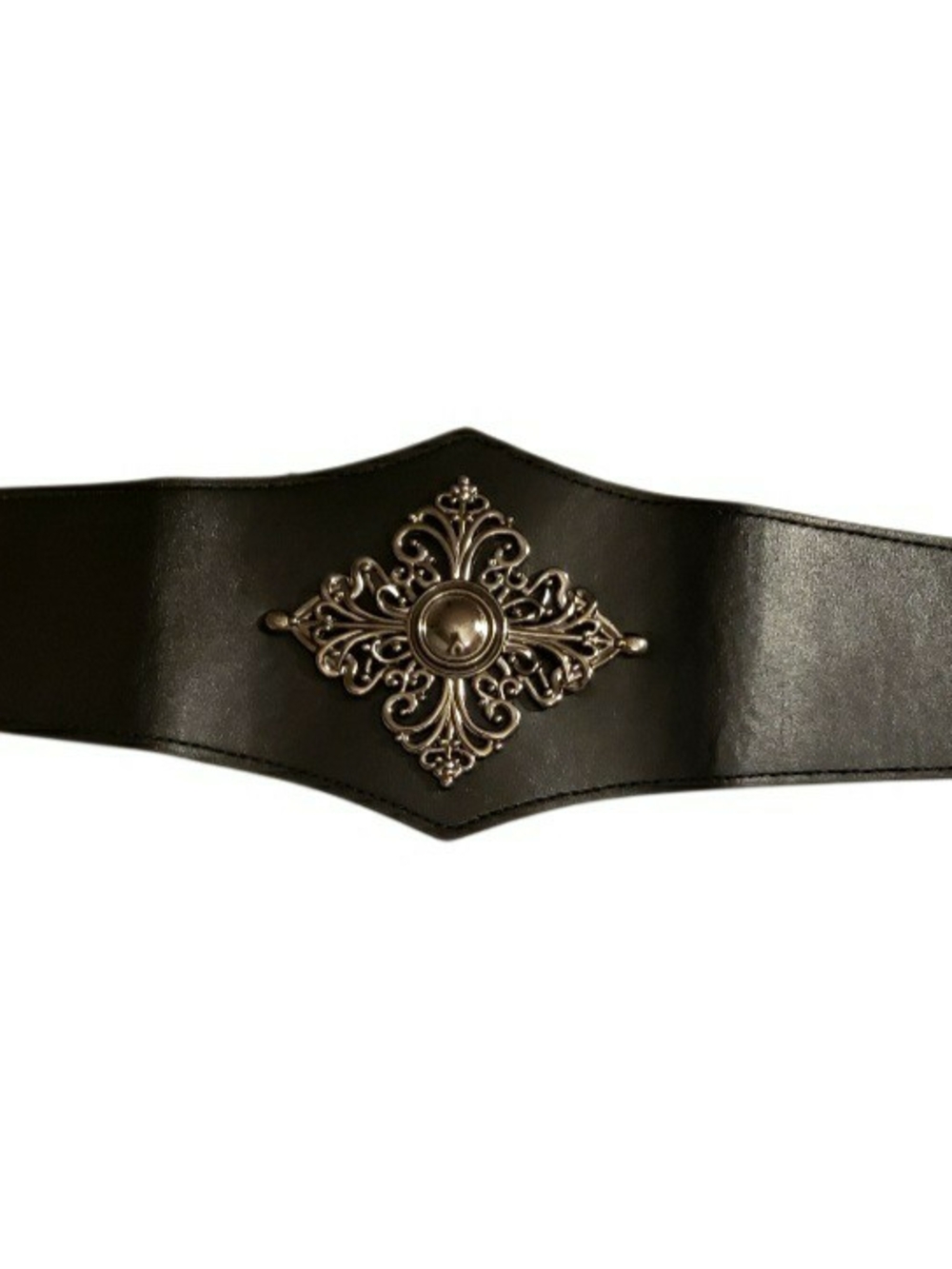 Gothic black wide leather waist belt with ornate silver medallion. Sz Small